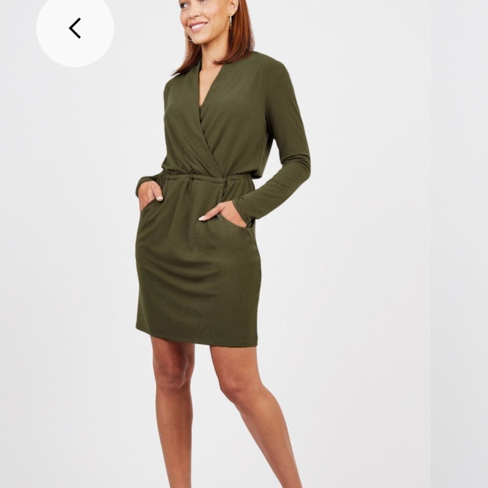 Sabié Womens Small Olive Green Wrap Dress Long Sleeve Elastic Waist Pockets
